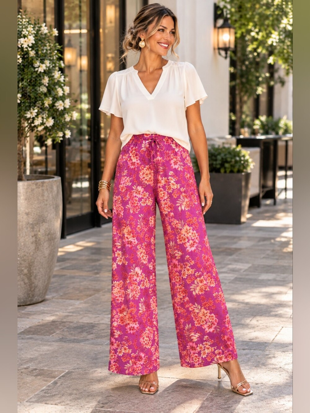 LOFT Floral Wide Leg Pants Pink Resort Palm Beach Maximalist Pull On L